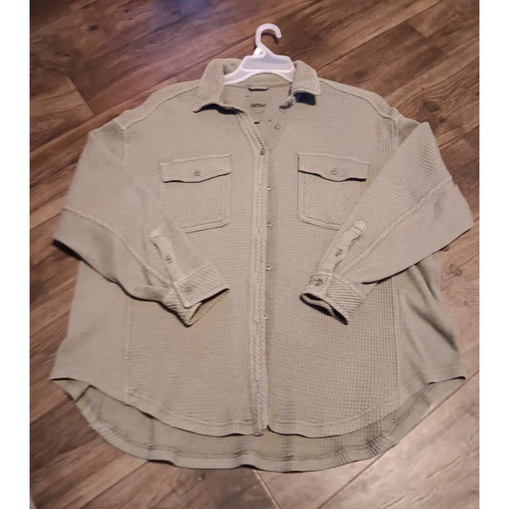 Aerie Lumber Jane Waffle Button Down Oversized Green Gray Shirt Women's Sz S/P